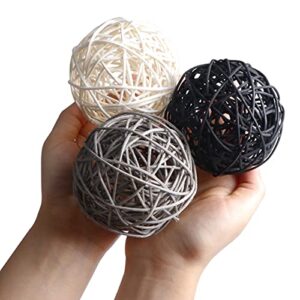 STMK 9 Pcs 3 Inch Wicker Balls Decorations, Rattan Balls Decorative for Home Decor DIY Vase Bowl Filler Ornament Baby Room Nursery Décor Wedding Table Decoration (Black, Grey, White)