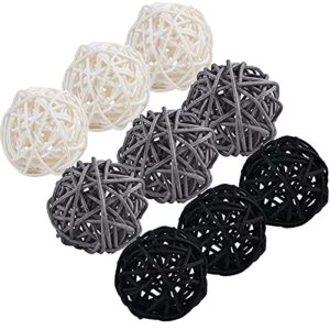 STMK 9 Pcs 3 Inch Wicker Balls Decorations, Rattan Balls Decorative for Home Decor DIY Vase Bowl Filler Ornament Baby Room Nursery Décor Wedding Table Decoration (Black, Grey, White)