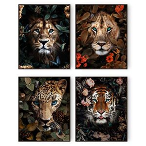 allblue jungle safari animal wall art prints poster lion tiger leopard animal wall decor set of 4 animal wall pictures for living room home decor (8″x10″ unframed)