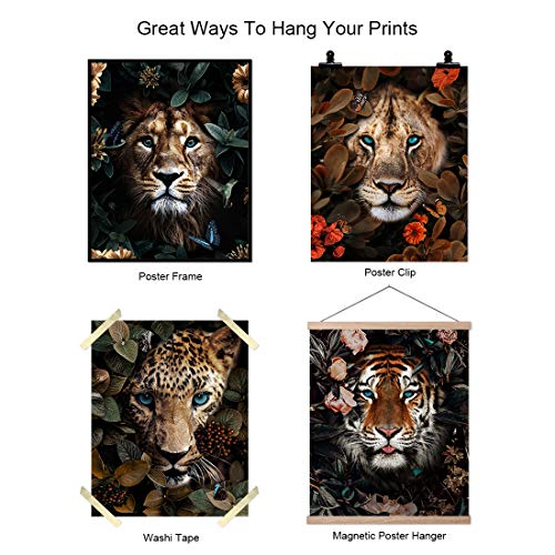 AllBlue Jungle Safari Animal Wall Art Prints Poster Lion Tiger Leopard Animal Wall Decor Set of 4 Animal Wall Pictures for Living Room Home Decor (8"x10" Unframed)