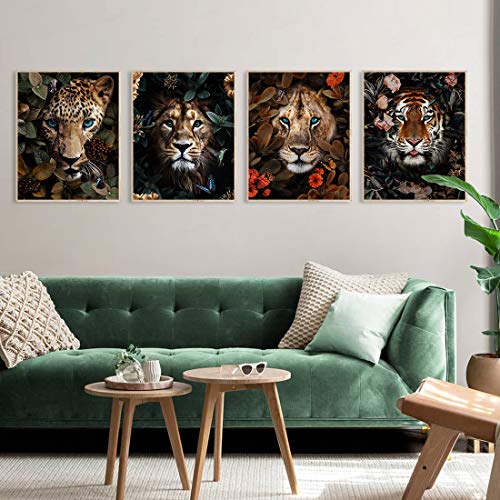 AllBlue Jungle Safari Animal Wall Art Prints Poster Lion Tiger Leopard Animal Wall Decor Set of 4 Animal Wall Pictures for Living Room Home Decor (8"x10" Unframed)