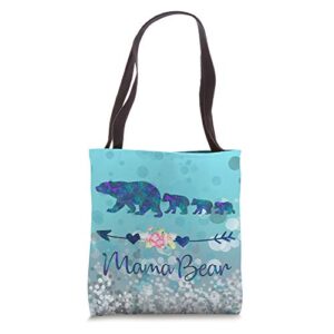 teal blue purple floral mama bear three cubs light blue tote bag