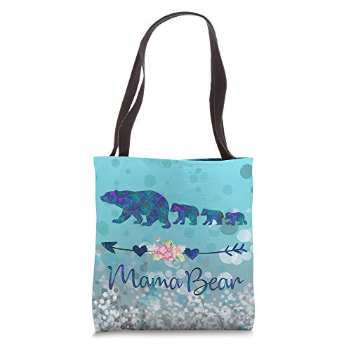 Teal Blue Purple Floral Mama Bear Three Cubs Light Blue Tote Bag