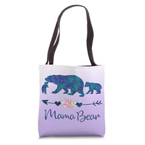 teal blue purple floral mama bear and two cubs silver purple tote bag