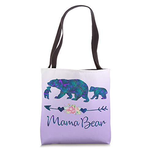 Teal Blue Purple Floral Mama Bear and Two Cubs Silver Purple Tote Bag