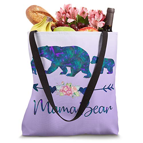 Teal Blue Purple Floral Mama Bear and Two Cubs Silver Purple Tote Bag