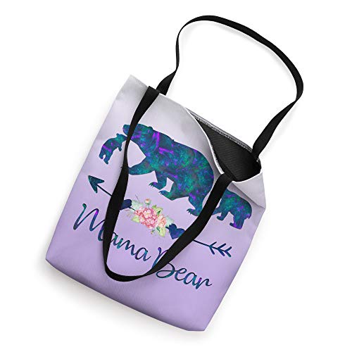 Teal Blue Purple Floral Mama Bear and Two Cubs Silver Purple Tote Bag