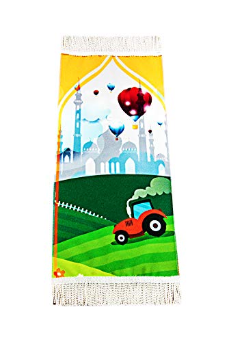 Muslim Prayer Rug for Kids | Digital Printed Unique Design Sajadah | Soft Islamic Prayer Rug | Perfect Islamic Ramadan Gifts for Kids | Kid Size Prayer Carpet, Salah Mat, Design: Mosque & Tractor