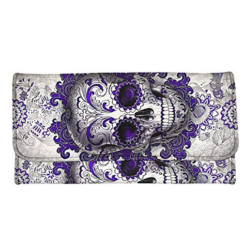 AFPANQZ Gothic Sugar Skull Women's Wallets Large Capacity RFID Protection Waterproof Leather Long Clutch Phone Holder Zip Inner Pocket Multi-Cards Slots Travel Wallet TriFold Purses Purple Silver