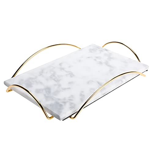 HighFree Marble Stone Decorative Tray, Perfume Tray with Copper-Color Metal Handles, Handmade Real Marble Tray Catchall Tray Trinket Tray for Counter, Vanity, Dresser & Nightstand (White)