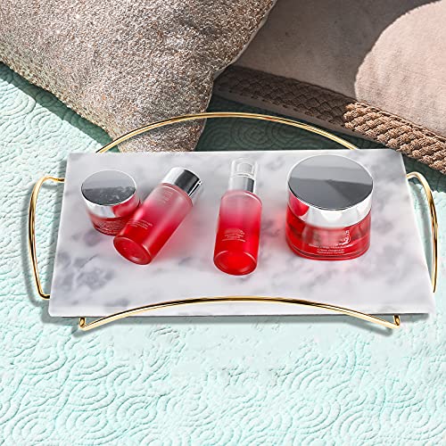 HighFree Marble Stone Decorative Tray, Perfume Tray with Copper-Color Metal Handles, Handmade Real Marble Tray Catchall Tray Trinket Tray for Counter, Vanity, Dresser & Nightstand (White)