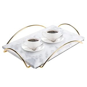 HighFree Marble Stone Decorative Tray, Perfume Tray with Copper-Color Metal Handles, Handmade Real Marble Tray Catchall Tray Trinket Tray for Counter, Vanity, Dresser & Nightstand (White)