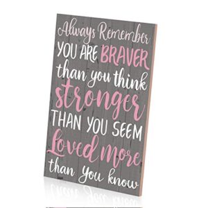 Inspirational Sign Always Remember You are Braver Than You Think Wall Art Wood Plaque Motivational Hanging Decor Sign for Living Rooms Home Office Decorations, 8 x 12 Inch (Pink)