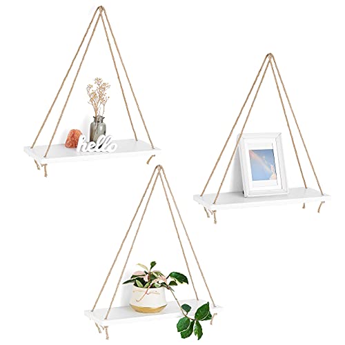 Mkono Wood Hanging Shelves for Wall Boho Decor Swing Rope Rustic Floating Shelf, Set of 3 Wall Display Shelving Home Organizer Rack for Living Room Bedroom Bathroom Kitchen,White