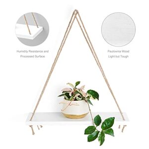 Mkono Wood Hanging Shelves for Wall Boho Decor Swing Rope Rustic Floating Shelf, Set of 3 Wall Display Shelving Home Organizer Rack for Living Room Bedroom Bathroom Kitchen,White