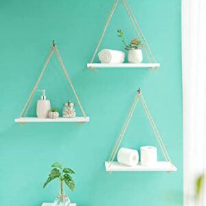 Mkono Wood Hanging Shelves for Wall Boho Decor Swing Rope Rustic Floating Shelf, Set of 3 Wall Display Shelving Home Organizer Rack for Living Room Bedroom Bathroom Kitchen,White