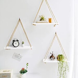 Mkono Wood Hanging Shelves for Wall Boho Decor Swing Rope Rustic Floating Shelf, Set of 3 Wall Display Shelving Home Organizer Rack for Living Room Bedroom Bathroom Kitchen,White