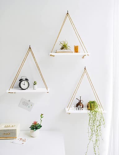 Mkono Wood Hanging Shelves for Wall Boho Decor Swing Rope Rustic Floating Shelf, Set of 3 Wall Display Shelving Home Organizer Rack for Living Room Bedroom Bathroom Kitchen,White