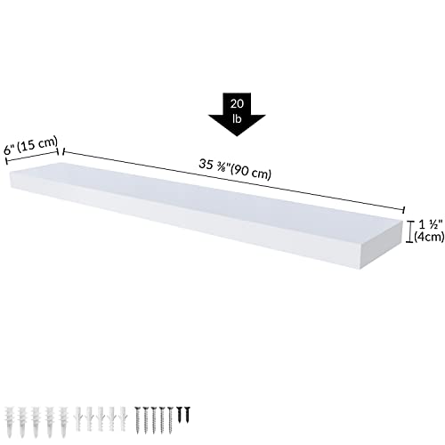 Ballucci Floating Shelf, 35.5" L Wood Wall Mounted Ledge with Invisible Bracket for Living Room, Bedroom, Bathroom, Kitchen, Nursery, 6" Deep - White