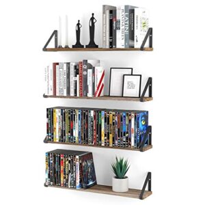 wallniture ponza wood floating shelves for wall, rustic wall shelves for living room, 24″ bookshelf and dvd storage shelf set of 4, natural burned