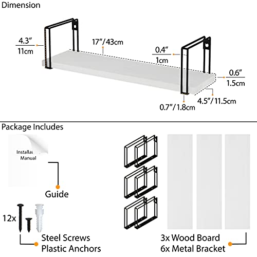 Wallniture Avila White Floating Shelves for Wall Storage, Wood Bathroom Shelves Wall Bookshelves Living Room Bedroom Kitchen Organization Set of 3