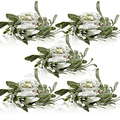 5 Pieces Pillar Candle Rings Wreaths Artificial Mistletoe Wreaths with Pearl Accents Country Primitive Candle Lambs Ear Wreath for Wedding Table Party Home Decor, 3.1 Inch Inner Diameter