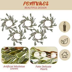 5 Pieces Pillar Candle Rings Wreaths Artificial Mistletoe Wreaths with Pearl Accents Country Primitive Candle Lambs Ear Wreath for Wedding Table Party Home Decor, 3.1 Inch Inner Diameter