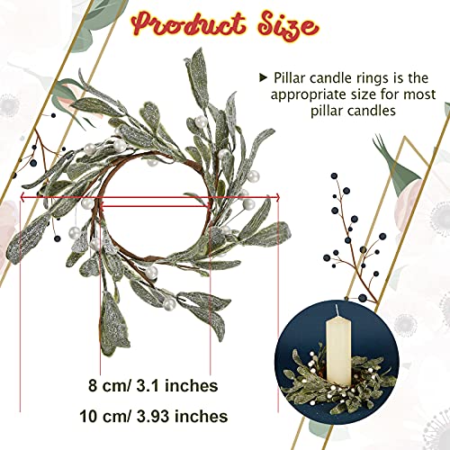 5 Pieces Pillar Candle Rings Wreaths Artificial Mistletoe Wreaths with Pearl Accents Country Primitive Candle Lambs Ear Wreath for Wedding Table Party Home Decor, 3.1 Inch Inner Diameter