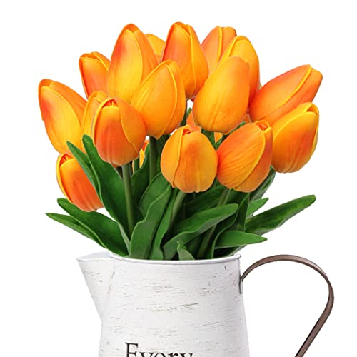 10 Pcs Orange Tulips Artificial Flowers Real Touch Fake Tulips Fake Flowers for Decoration 13.5" Faux Tulips Faux Flowers Bulk Artificial Tulips Flowers for Vase Centerpieces Home Wedding Bouquet