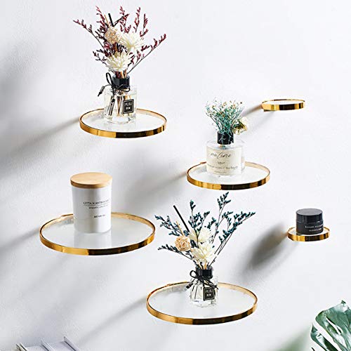 Modern Floating Glass Shelf with Golden Metal Ring for Plants, Books and Other Decorations, Transparent Hanging Shelves in Rooms, Corridors and Wall