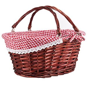 zeonhei brown oval wicker woven basket, attractive willow woven gift basket, cheap fruit picnic easter candy wedding party decoration serving basket with folding handles elegant linen cloth lining