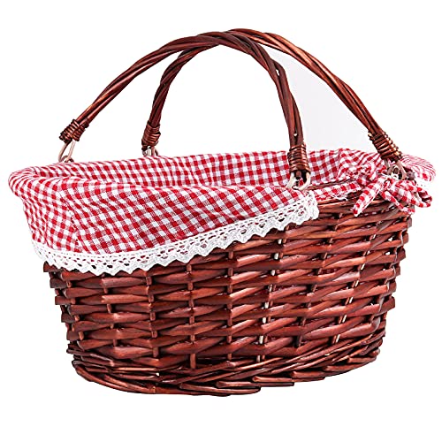 ZEONHEI Brown Oval Wicker Woven Basket, Attractive Willow Woven Gift Basket, Cheap Fruit Picnic Easter Candy Wedding Party Decoration Serving Basket with Folding Handles Elegant Linen Cloth Lining