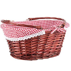 ZEONHEI Brown Oval Wicker Woven Basket, Attractive Willow Woven Gift Basket, Cheap Fruit Picnic Easter Candy Wedding Party Decoration Serving Basket with Folding Handles Elegant Linen Cloth Lining