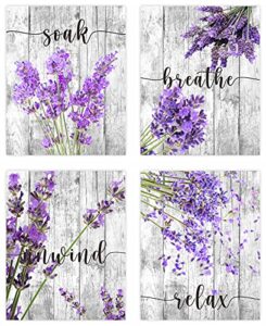 purple bathroom decor wall art set of 4(8″ x 10″canvas wall art relax soak unwind breathe purple blend bathroom flower prints for washroom toilet decor (unframed)