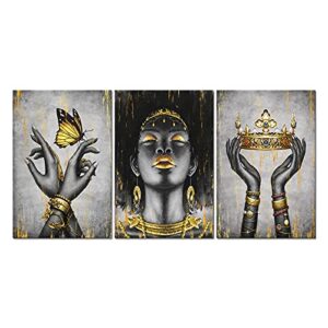 welmeco elegant african american woman with gold crown fashion accessories painting giclee prints black girl canvas poster gallery wrapped artwork for bedroom living room makeup room decoration