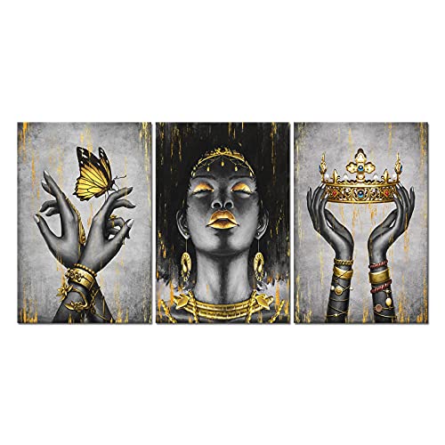 WELMECO Elegant African American Woman with Gold Crown Fashion Accessories Painting Giclee Prints Black Girl Canvas Poster Gallery Wrapped Artwork for Bedroom Living Room Makeup Room Decoration