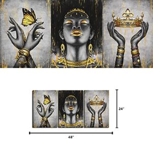 WELMECO Elegant African American Woman with Gold Crown Fashion Accessories Painting Giclee Prints Black Girl Canvas Poster Gallery Wrapped Artwork for Bedroom Living Room Makeup Room Decoration