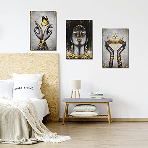 WELMECO Elegant African American Woman with Gold Crown Fashion Accessories Painting Giclee Prints Black Girl Canvas Poster Gallery Wrapped Artwork for Bedroom Living Room Makeup Room Decoration