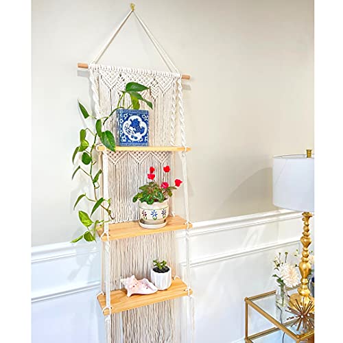 Van & Company 3 Tier Handmade Macrame Wall Hanging Shelf Includes 3 1.5cm Polished Wooden Shelves, Decorative Hand Made Roped Boho Shelving for Plants etc