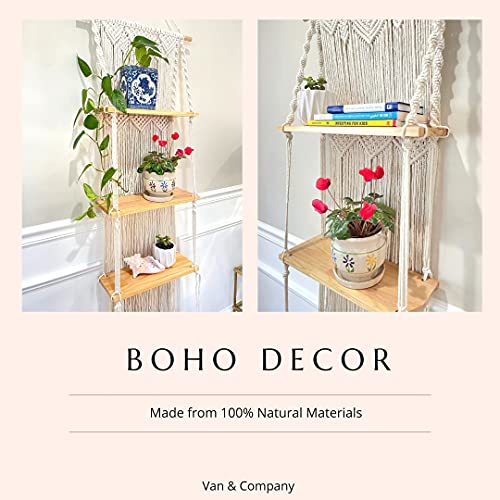 Van & Company 3 Tier Handmade Macrame Wall Hanging Shelf Includes 3 1.5cm Polished Wooden Shelves, Decorative Hand Made Roped Boho Shelving for Plants etc