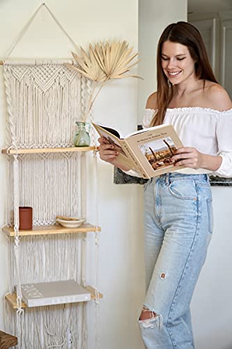 Van & Company 3 Tier Handmade Macrame Wall Hanging Shelf Includes 3 1.5cm Polished Wooden Shelves, Decorative Hand Made Roped Boho Shelving for Plants etc