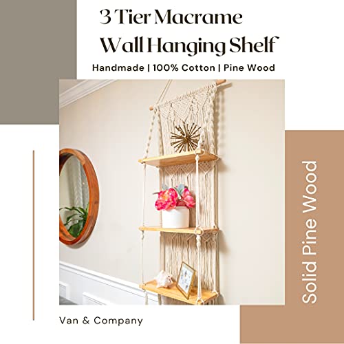 Van & Company 3 Tier Handmade Macrame Wall Hanging Shelf Includes 3 1.5cm Polished Wooden Shelves, Decorative Hand Made Roped Boho Shelving for Plants etc