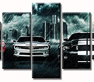 Black and White Paintings Car Art Wall Decor Modern Picture Prints on Canvas for Men Office Bedroom Living Room Stretched Framed Ready to Hang 60" W×32" H 5 Pieces