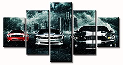 Black and White Paintings Car Art Wall Decor Modern Picture Prints on Canvas for Men Office Bedroom Living Room Stretched Framed Ready to Hang 60" W×32" H 5 Pieces