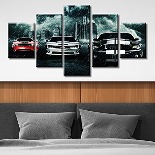 Black and White Paintings Car Art Wall Decor Modern Picture Prints on Canvas for Men Office Bedroom Living Room Stretched Framed Ready to Hang 60" W×32" H 5 Pieces