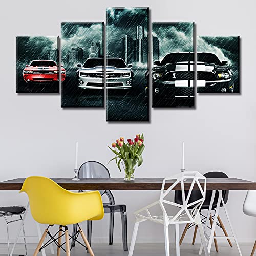 Black and White Paintings Car Art Wall Decor Modern Picture Prints on Canvas for Men Office Bedroom Living Room Stretched Framed Ready to Hang 60" W×32" H 5 Pieces