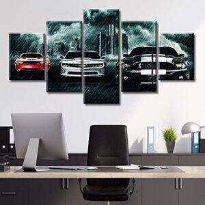 Black and White Paintings Car Art Wall Decor Modern Picture Prints on Canvas for Men Office Bedroom Living Room Stretched Framed Ready to Hang 60" W×32" H 5 Pieces