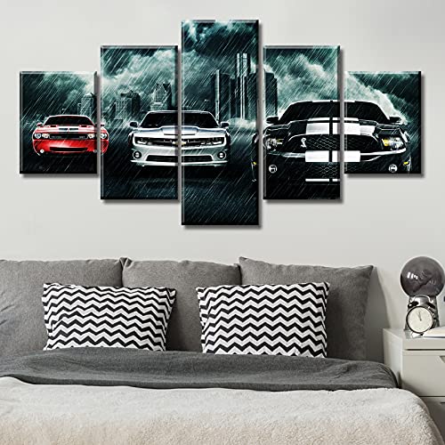 Black and White Paintings Car Art Wall Decor Modern Picture Prints on Canvas for Men Office Bedroom Living Room Stretched Framed Ready to Hang 60" W×32" H 5 Pieces