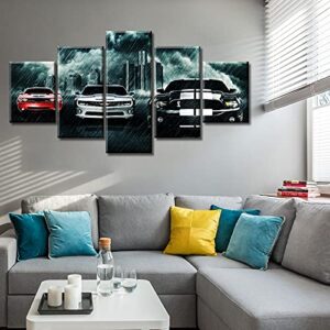 Black and White Paintings Car Art Wall Decor Modern Picture Prints on Canvas for Men Office Bedroom Living Room Stretched Framed Ready to Hang 60" W×32" H 5 Pieces