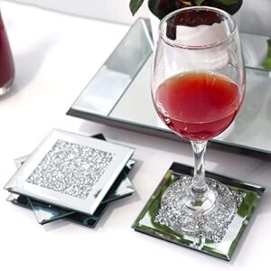 gimorrto glass mirrored coaster 4 pc, crushed diamond square cup mat 4″ decor on tabletop for bar tools dining table